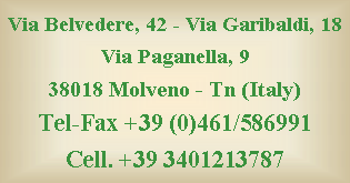 Casella di testo: Via Belvedere, 42 - Via Garibaldi, 18
Via Paganella, 9
38018 Molveno - Tn (Italy)
Tel-Fax +39 (0)461/586991 
Cell. +39 3401213787